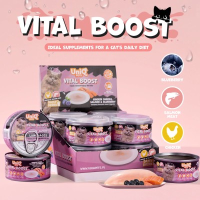 Uniq Daily Drink Vital Boost 85ml για Γάτες με Κοτόπουλο, Τόνο και Raspberry 8τμχ