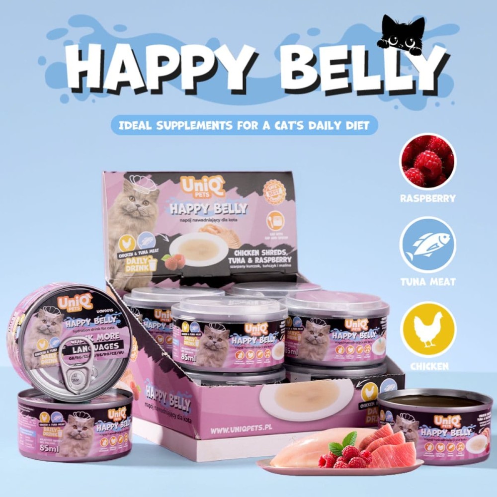 Uniq Daily Drink Happy Belly 85ml για Γάτες με Κοτόπουλο, Τόνο και Raspberry 8τμχ