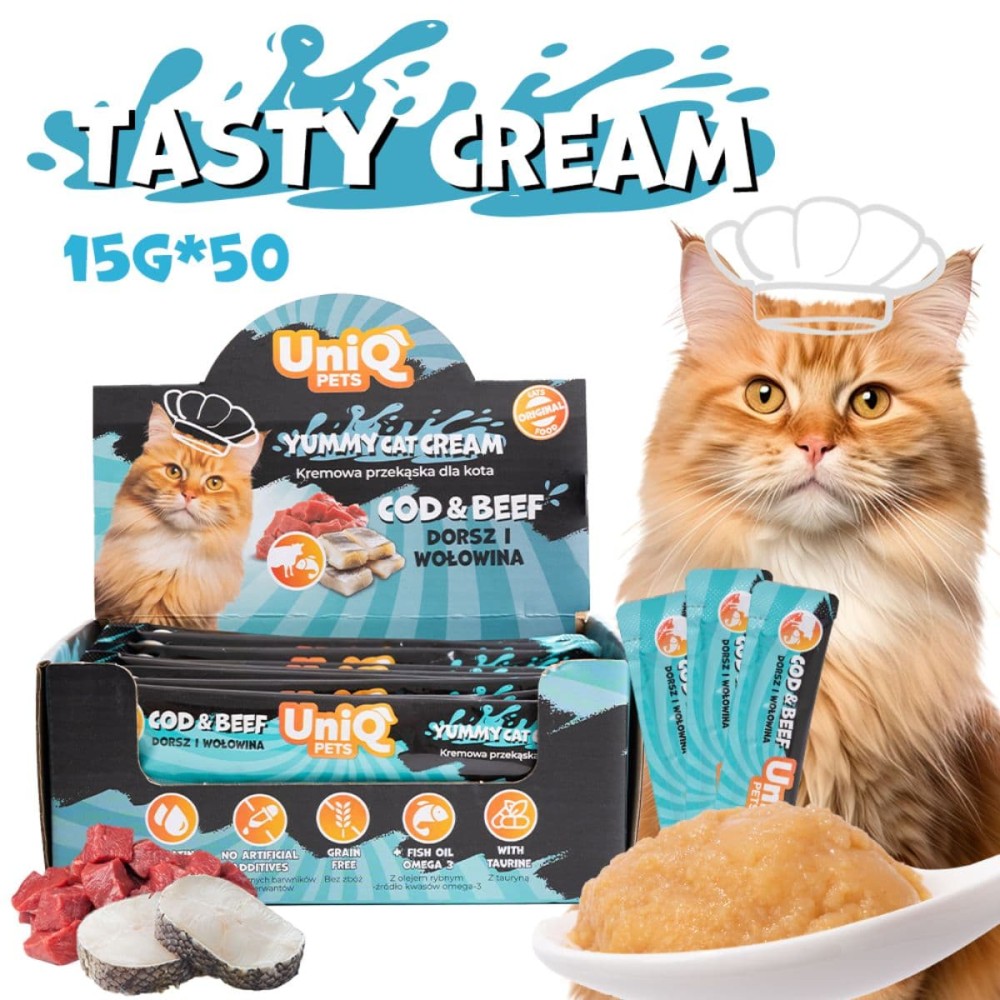 Uniq Yummy Cat Cream 15gr για Γάτες με Μπακαλιάρο και Βοδινό 50τμχ